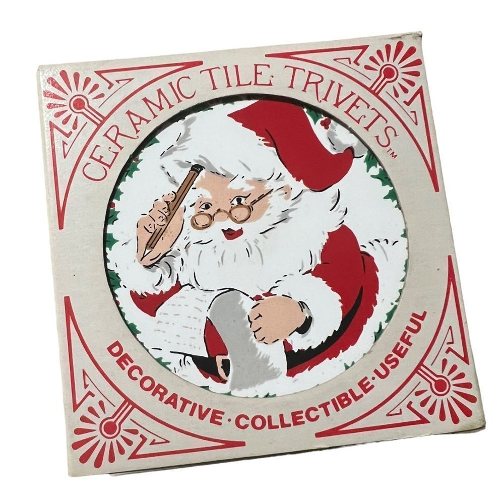 Vintage Santa Ceramic Tile Trivet Christmas Set